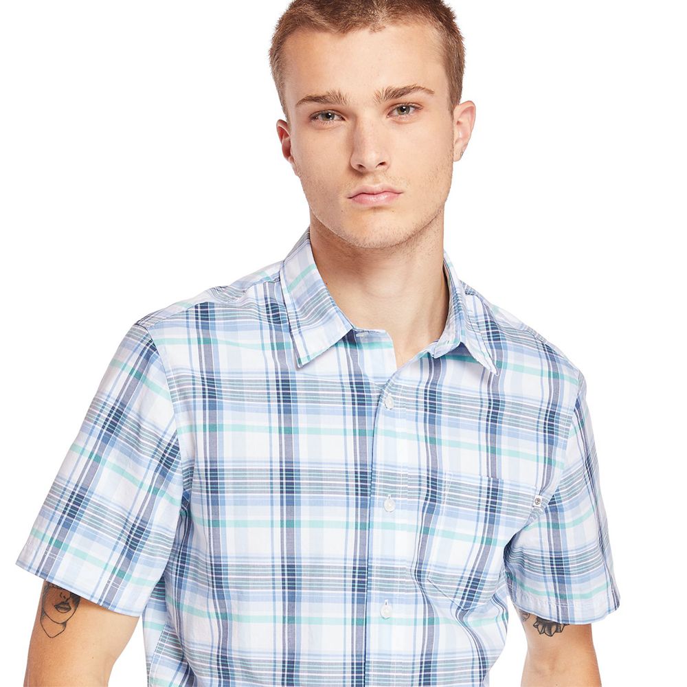 Timberland Mens Shirts Short-Sleeve Indian River Madras - Blue/White - India GB1862034